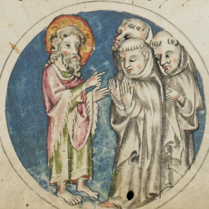 Auch eine Aktualisierung: Im Klosterbeuburger Evangelienwerk predigt Johannes der Täufer drei Mönchen.